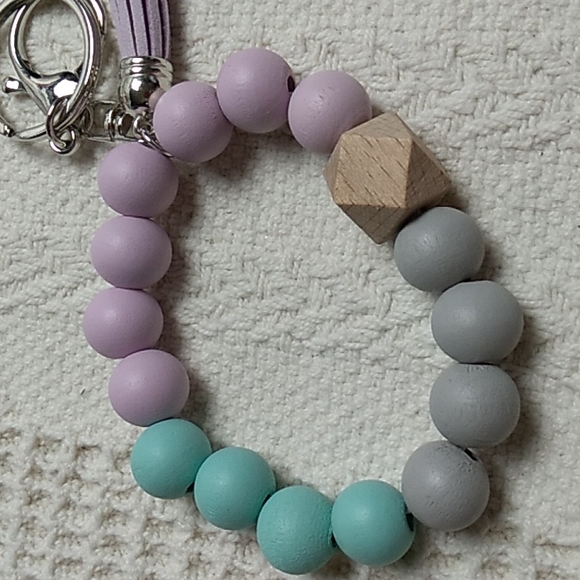 Wooden Keychain Purple, Green & Gray on stretchy cord w Purple tassel #13 - Picture 3 of 3